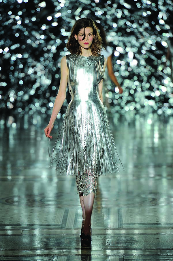 Metallic Leather Fringe Dress Designed by: Giles Deacon (English, founded in 2003) English, 2014 Leather, Swarovski crystals *Museum of Fine Arts, Boston. Museum purchase with funds donated by the Fashion Council, Museum of Fine Arts, Boston *Ruby Jean Wilson DNA models *Photograph by Chris Moore Catwalking.com * Courtesy, Museum of Fine Arts, Boston