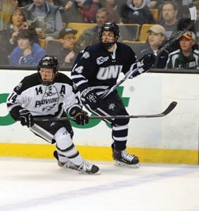 Ross Mauermann ’15, skating against New Hampshire in the Hockey East Tournament semifinal game, led PC with 19 goals and 35 points this past season.