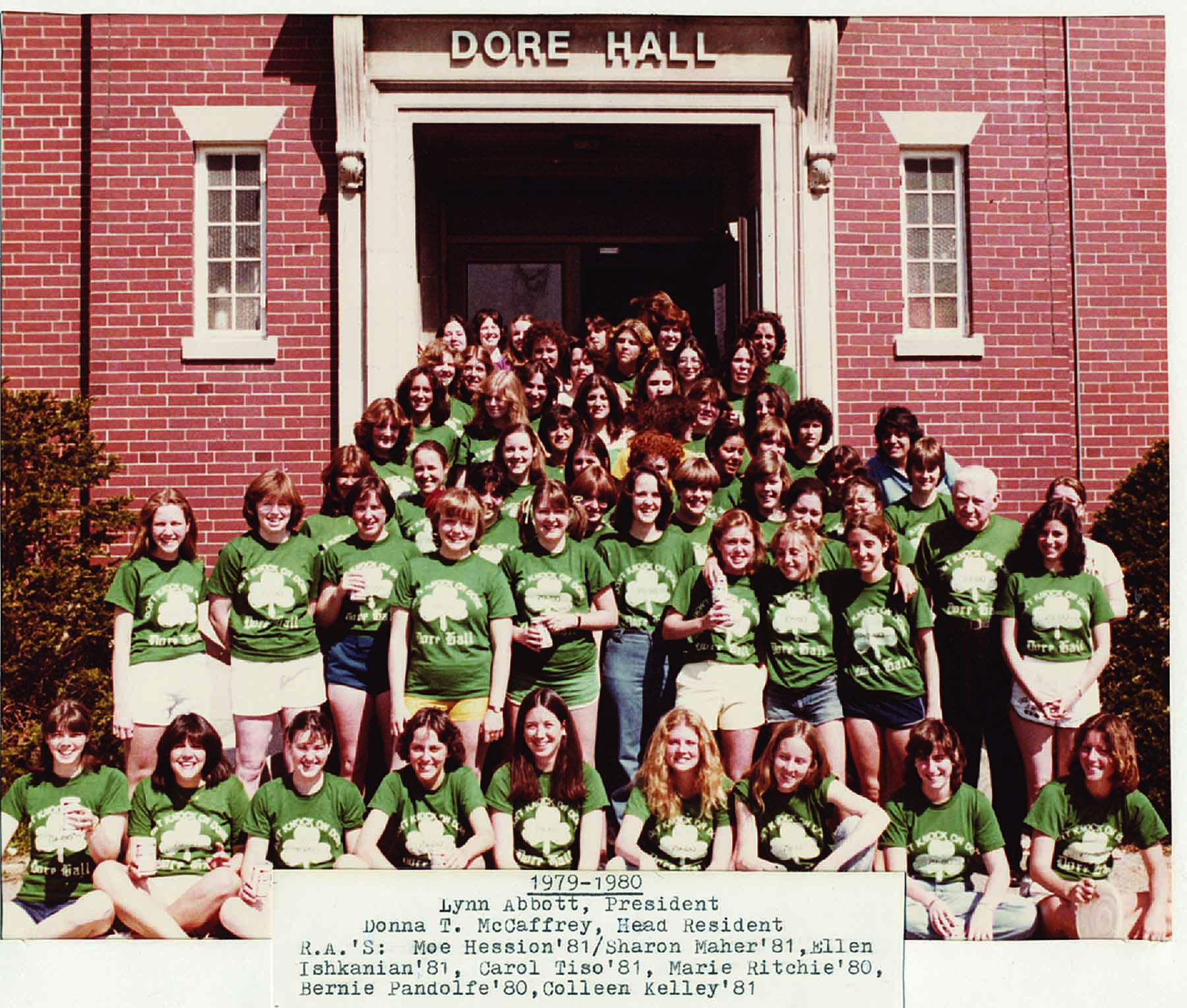 Women, already a majority on campus, gather outside Dore Hall during the 1979-80 academic year. 