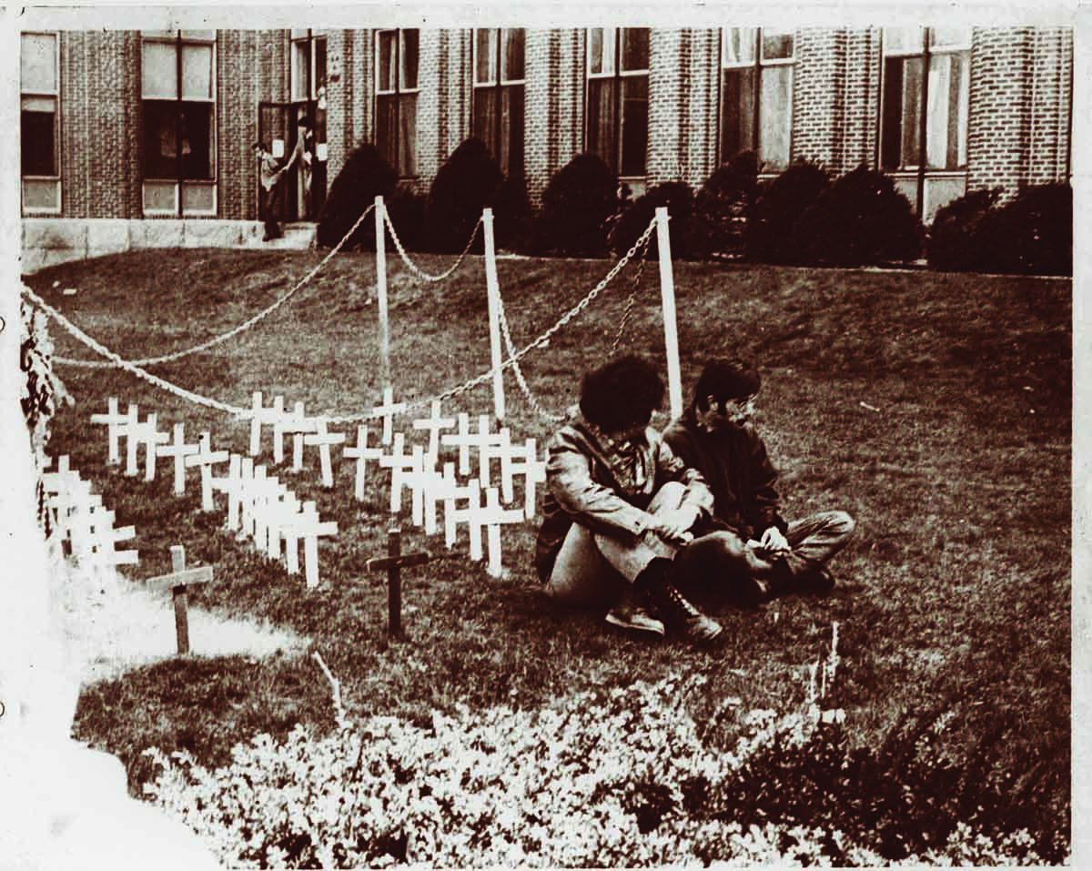 Students on the Aquinas lawn during Moratorium Day, 1969.