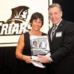 Cindy Curley ’85 with Athletic Director Bob Driscoll at this year’s PC Athletic Hall of Fame induction.