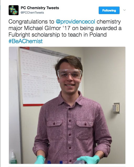 The chemistry department congratulated Gilmor on his Fulbright.