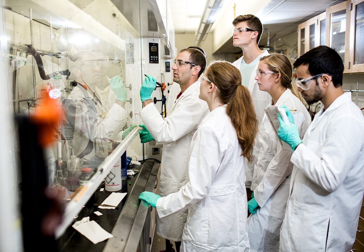 Chemistry and†Biochemistry†Providence College Laboratory, Lab, Students and Professor, Sean Wrenn '17, †Caroline Foley '17, Kathryn Hiller '16,†Satyam Khanal '16,†Seann Mulcahy, Ph.D, gender balance