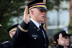 2nd Lt. Francis Hannon ’17 recites the Oath of Office during the ROTC Commissioning Ceremony. 