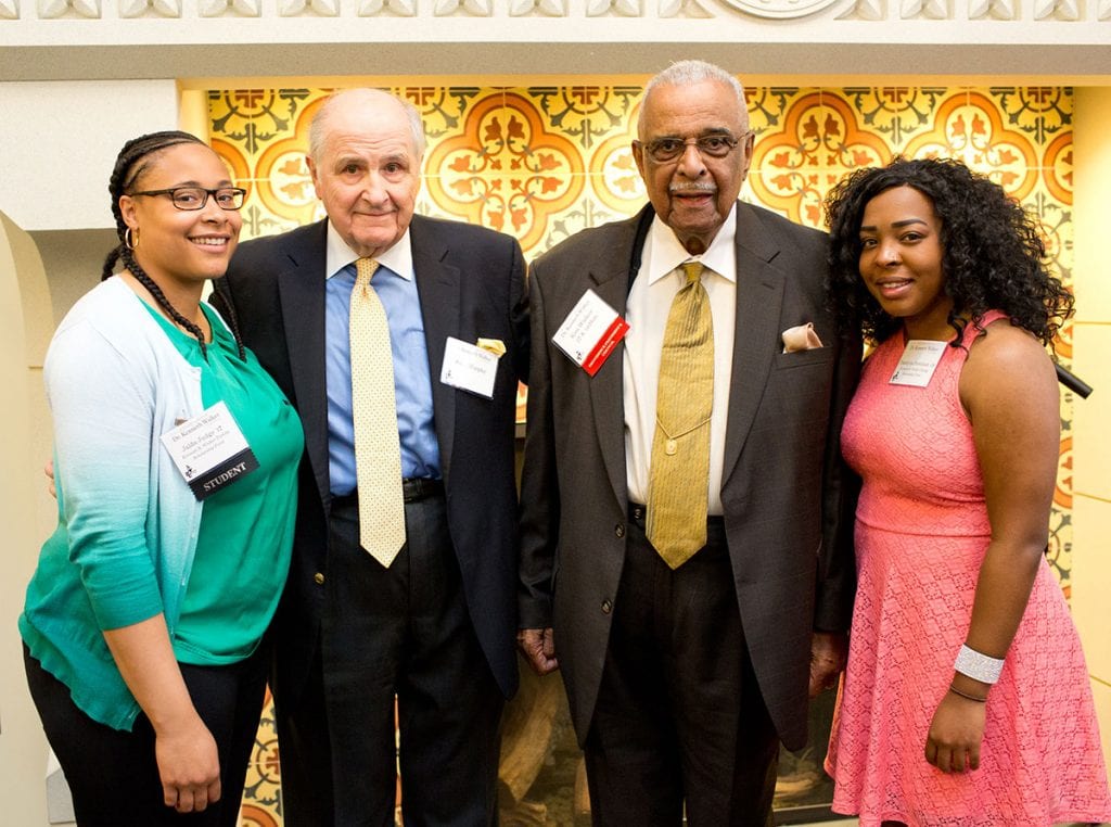 Walker is joined by, from left, Jaida Judge ’17, John Murphy, and Tashiyra Freeman ’18. Judge and Freeman are recipients of the Dr. Kenneth Walker ’57 Family Scholarship established by Murphy.