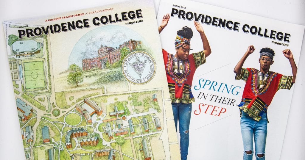 Covers of the award-winning Fall 2017 and Spring 2018 issues of Providence College Magazine