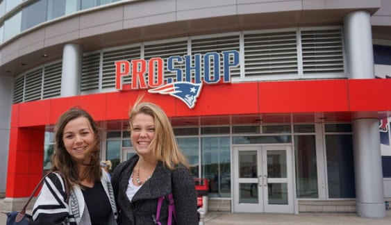 Kathleen Cronin ’18 , left, and Abigail White ’18 were part of the team that examined processes at the New England Patriots’ ProShop at Gillette Stadium.