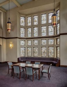 Stained-glass windows in the Fiondella Great Room, Ruane Center for the Humanities