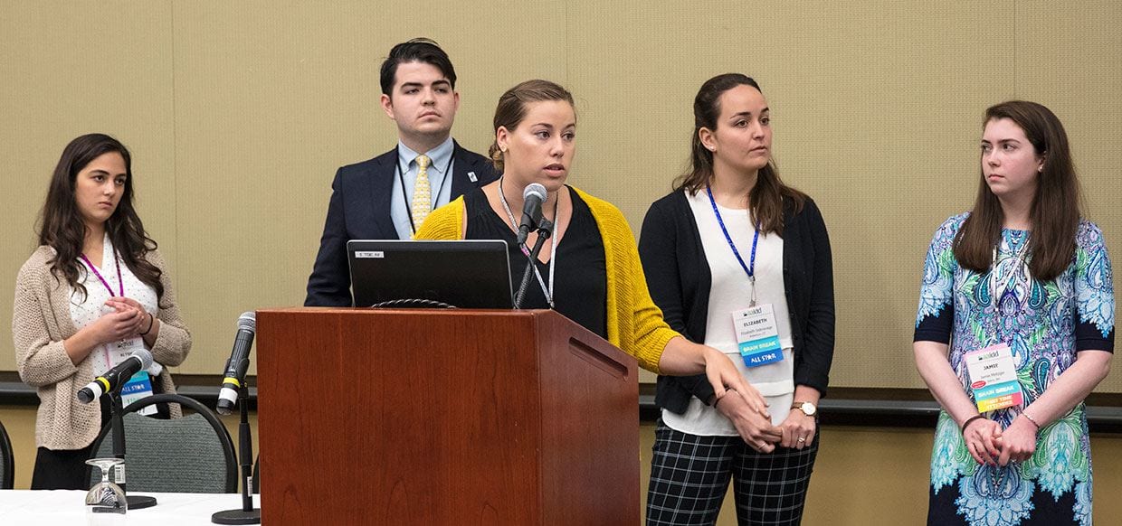 Presenting their research during a conference workshop are Megan Tucker ’17, center, and rear, from left, Alysha DeCrescenzo ’17, Thomas O’Connor ’17, Elizabeth Sideravage ’17, and Jamie Metzger ’17.