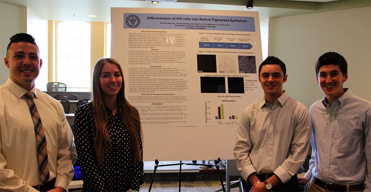 From left, Chris Mathews ’17, Miranda Boynton ’18, Jack Harkins ’18, and Joseph Dowling ’18 display their findings at a poster session on campus. 