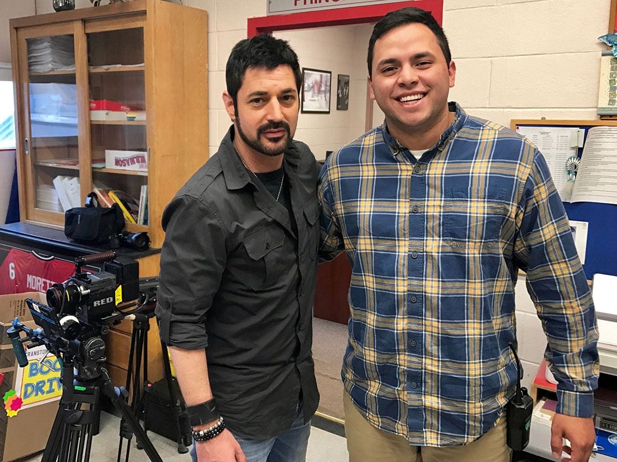 David Gere ’97, left, and Stefan Puente ’17 have formed a strong professional bond, sparked by their meeting on the set of “The Santa Files.” (Photo: Woodhaven Media) 