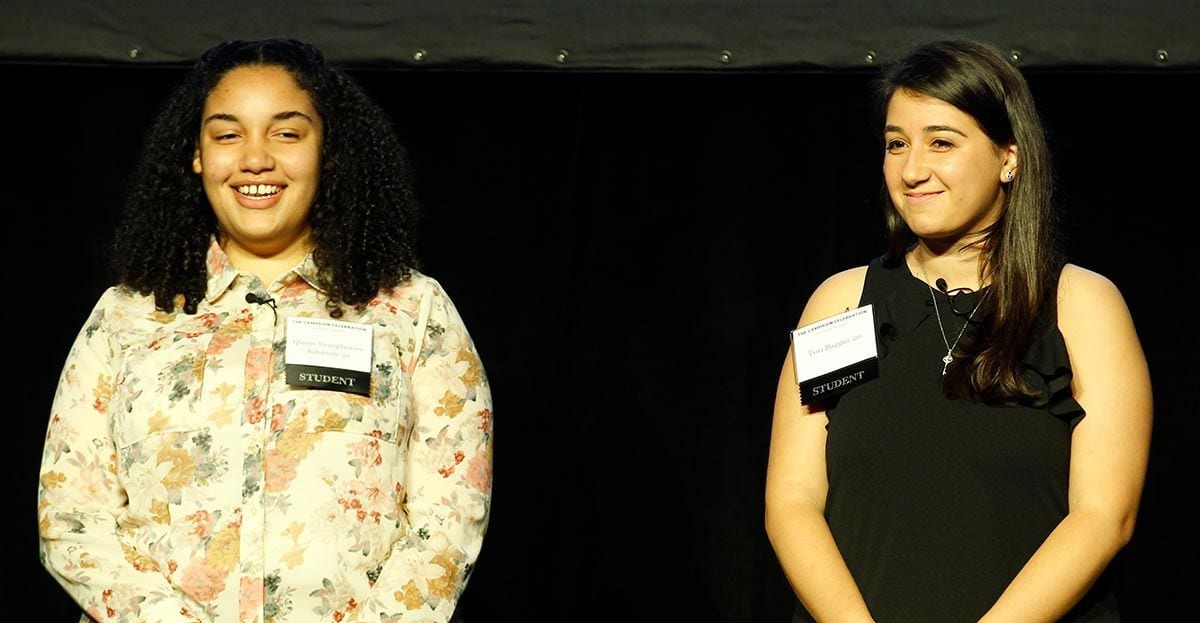 Students Quess-Symphonee Johnson '21, left, and Tori Baggio '18 thanked donors for their support. 