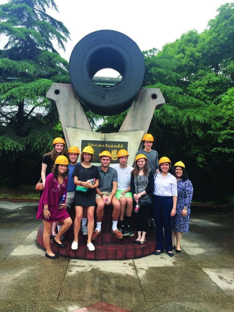 Students on the Maymester trip to China pose after touring Bao Steel in the Baoshan district of Shanghai, where they saw how steel is made. From left, Jennifer Wilson '20, Katy Hirschfeld '19, Brendan Dilbarian '20, Catie Capalongo '19, Patrick Callahan '20, Andrew Schauer '18, Abby Cook '18, Connor Carroll '18, Olivia Ferri '19, and Dr. Jacqueline Elcik, assistant dean of graduate programs, assessment & student engagement.