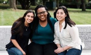 The leaders of three student organizations, from left, Simran Madhani '18, Phionna-Cayola Claude '18, and Marcie Mai '18