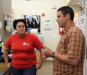 Dr. Brett Pellock, right, says having postdoctoral research associate Dr. Cara Pina, left, in his lab significantly enhances students’ learning. 