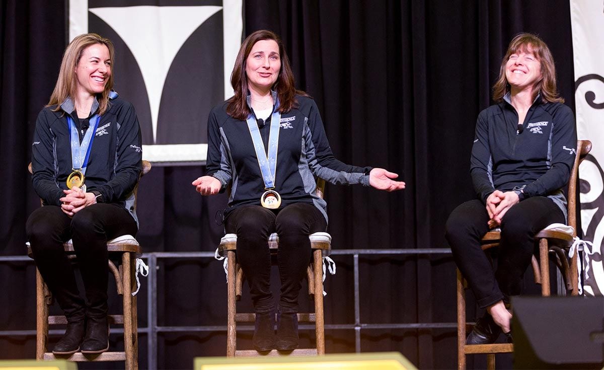 Olympic gold medalists, from left, Sara DeCosta-Hayes '00, Vicki Movsessian '94, and and Lisa Brown-Miller '88 share their memories of Nagano, Japan.