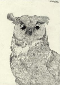 A great horned owl pencil sketch by Sandra-Kelly Atkinson '18, biology major and art history minor.
