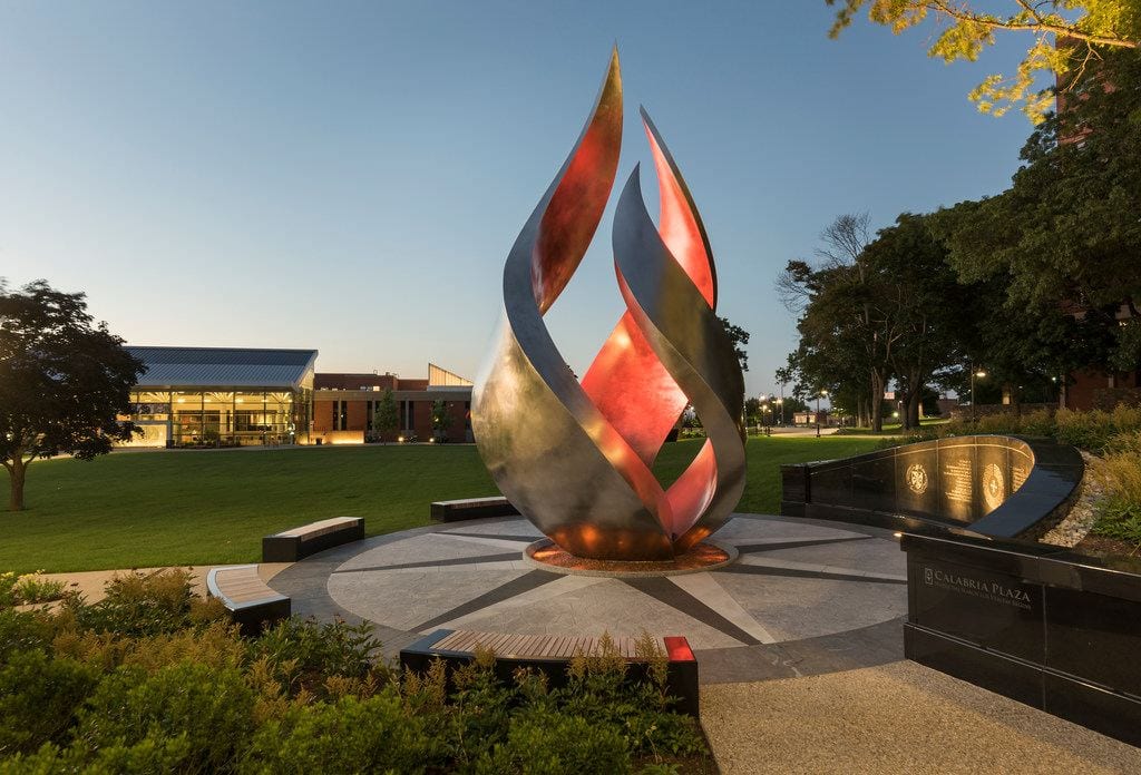 Providence College's Calabria Plaza at dusk.