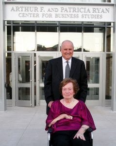 Patricia E. Ryan '89P and her husband, Arthur F. Ryan '63, '90Hon., & '89P, at the dedication of the home of the PC School of Business in April 2017