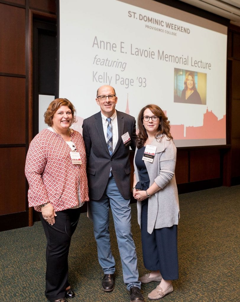Kelly Page '93, left, presented the Anna E. Lavoie Memorial Lecture, which was endowed by Dr. Teresa Lavoie '89, right. At center is Dr. Paul T. Czech, professor of chemistry.