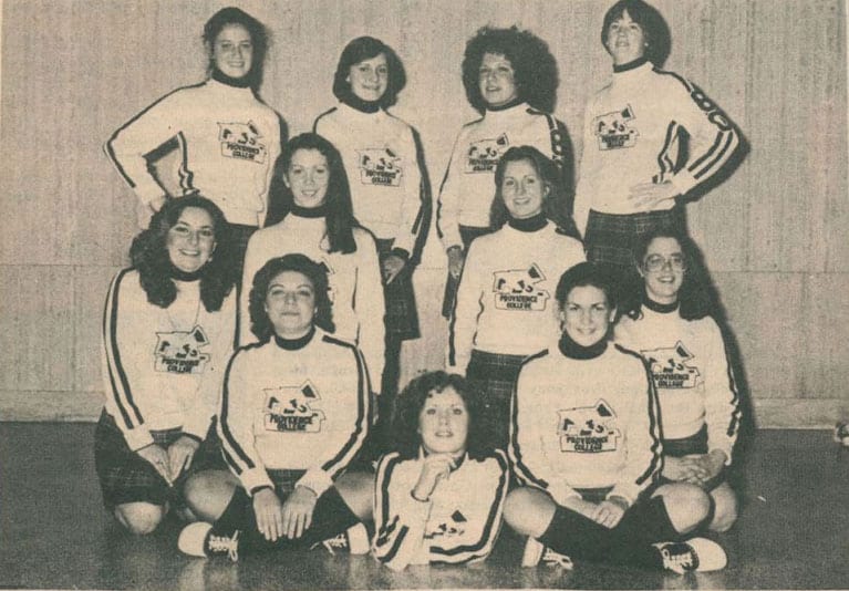 Lisa M. Schenck '83 & '18Hon. is second from left in the back row of this photo of hockey cheerleaders, published in The Cowl in 1979.