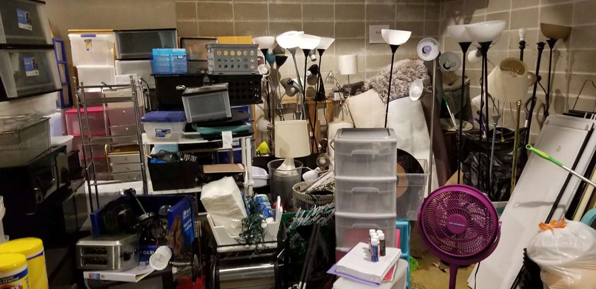 A storage room is crammed with goods donated by students to Lightening Others’ Loads.