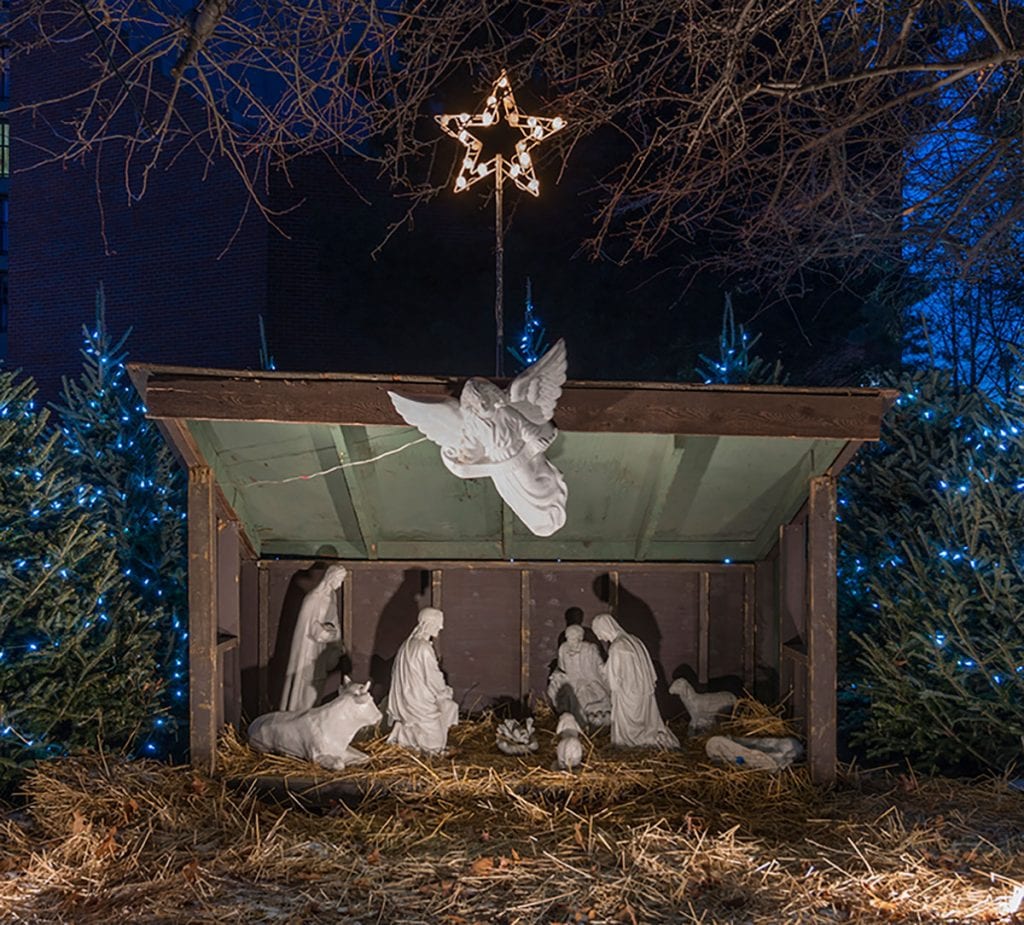 The nativity scene in the creche outside the Priory of St. Thomas Aquinas on campus