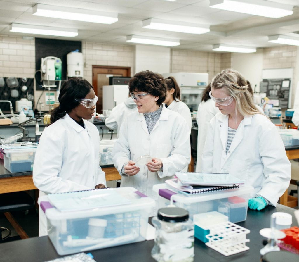 Dr. Kathleen A. Cornely, professor of chemistry, works with students in her phage lab.