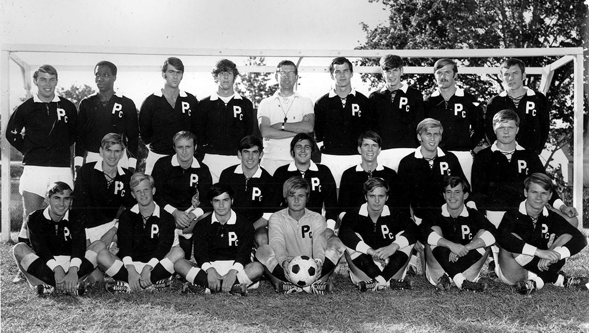 Mark S. Deresienski, O.D. ’71, at center in front row, recorded six shutouts during the 1970 season as PC’s goaltender. Here he joins peers for a team photo.