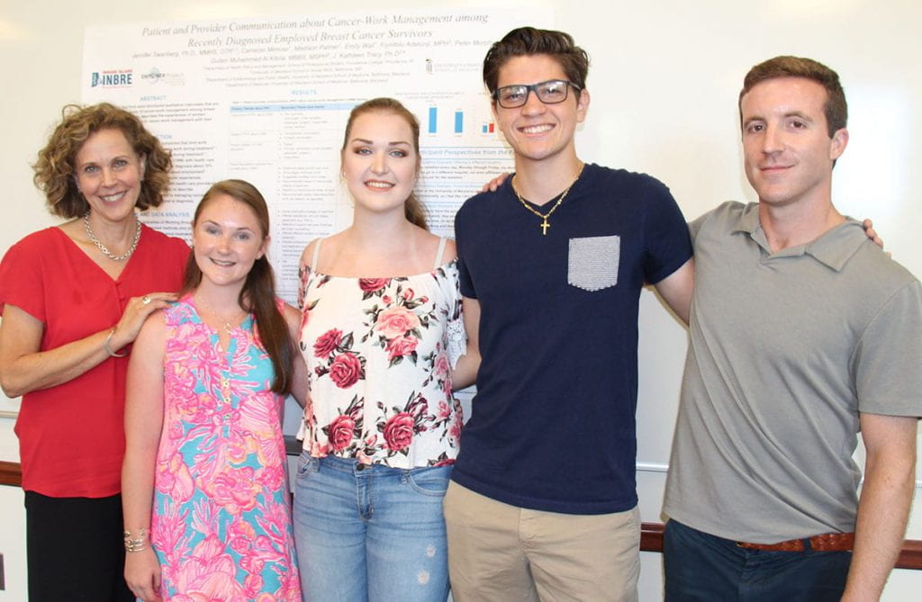 Dr. Jennifer E. Swanberg, dean of PC's School of Professional Studies, with her research students, from left, Emily Wall '21, Madison Palmer '21, and Cameron Mimoso '20, and graduate assistant Peter Murphy.