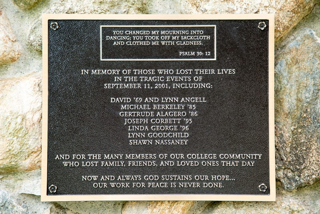 A plaque on the War Memorial Grotto remembers those who died in the Sept. 11, 2001 attacks.