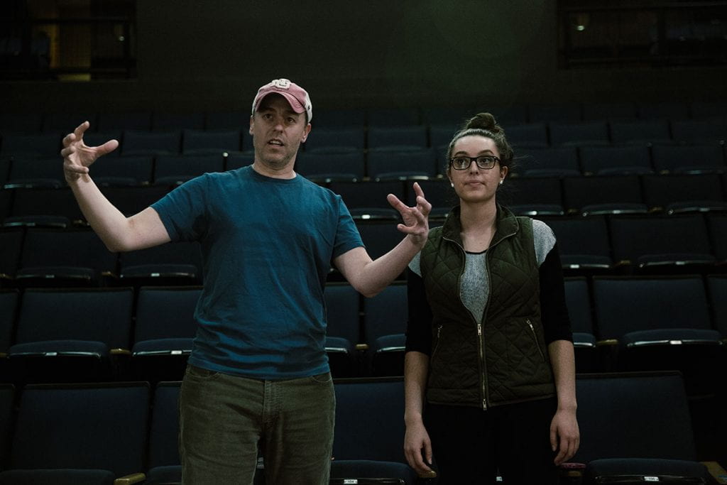 Jimmy Calitri, associate professor theatre, left, is directing the upcoming production of “Something Rotten!” He’s pictured here with Kristina Pavao ’16 preparing for a production in 2016.