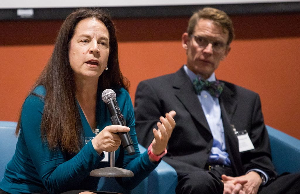 Dr. Despina D. Prassas, associate professor of theology, shares how she is implementing academic resilience strategies with students in her honors colloquium. Dr. Matthew Eriksen, professor of management, is at right.