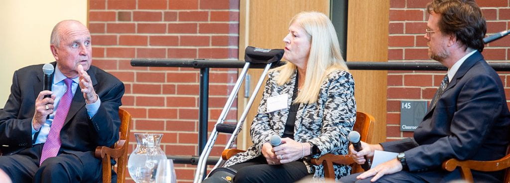 Arthur F. Ryan '63 & '90Hon., at left, makes a point during a discussion with Elizabeth E. Flynn '82 & '17Hon. and Dr. Alexander N. Moffett, director of the Development of Western Civilization Program.