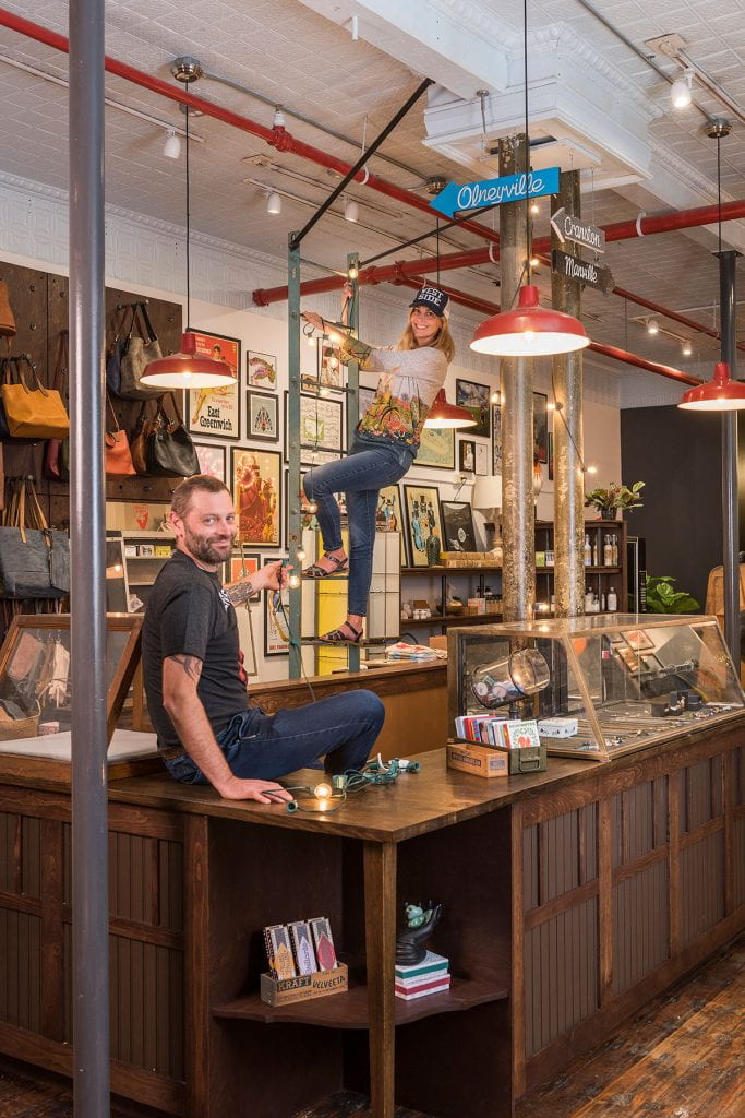 Asher Schofield '96 and Erin Piorek Schofield '96 inside the new Frog and Toad store on Westminster Street in Providence.