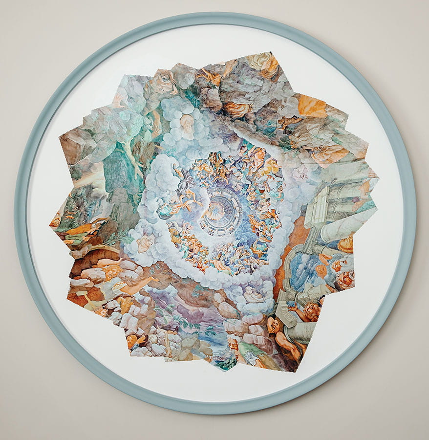 Theresa Ganz, "The Fall of the Giants, Palazzo Te," 2017, archival pigment print, 43 inches diameter. This work was created through the compression of 3D scans made by the artist using proprietary software and thousands of images sourced via a Google search engine. The Providence-based artist collaborated with PC students and coders and designers from Google's Brand Studio to create the work.