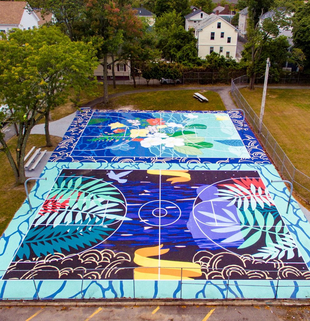 As part of the My HomeCourt project sponsored by Friends of Friars Basketball, Jamilee Lacy commissioned artists Joiri Minaya and Jordan Seaberry to design murals for the basketball courts in Providence’s Harriet & Sayles Park that celebrate the neighborhood’s Dominican-American heritage.
