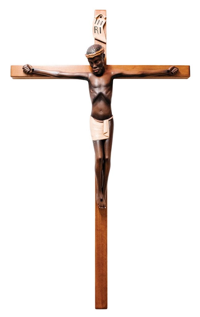 This African crucifix featuring a black Christ hangs in the Palmisano Atrium of the Arthur and Patricia Ryan Center for Business Studies. It was sculpted by Demetz Art Studio in Italy.