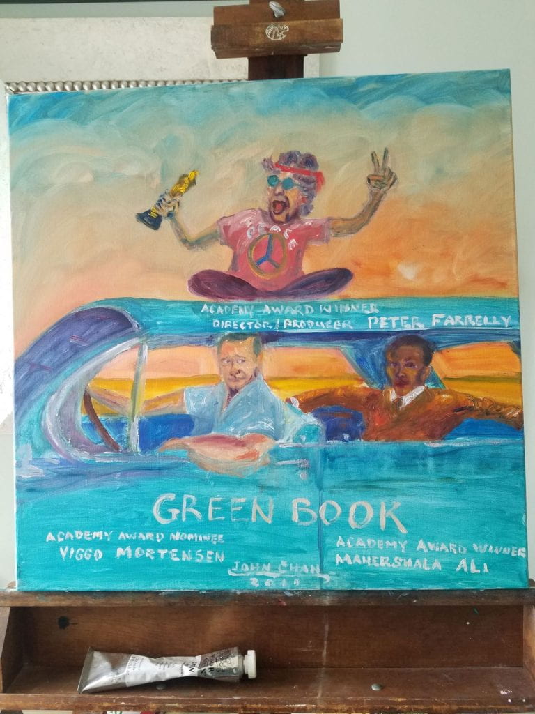 Painting by John Chan '74 of the Green Book movie poster with the actors in a car — and Chan sitting on the roof.