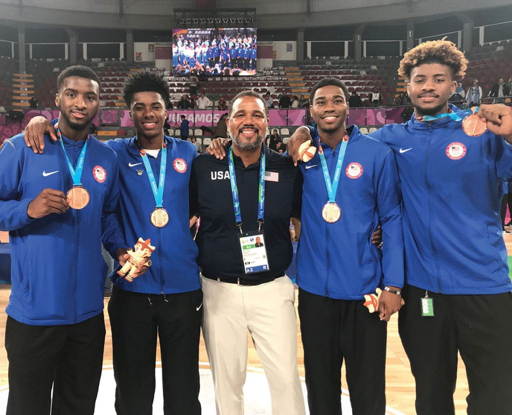 Displaying their Pan Am Games bronze medals are, from left, Alpha Diallo ’20, David Duke ’22, Coach Ed Cooley, A.J. Reeves ’22, and Nate Watson ’21.