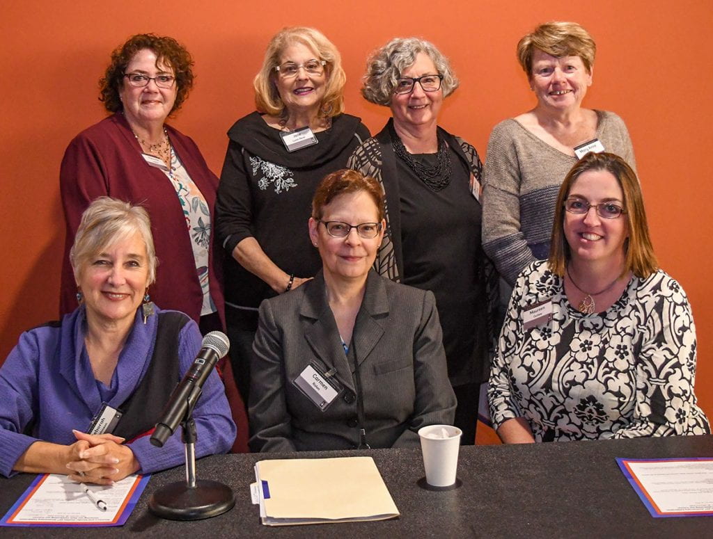 Participants in the panel on "Women's and Gender Studies Program: Past. Present. Future." are, front row from left, Dr. Deborah J. Johnson, Dr. Carmen A. Rolon, and Dr. Maureen C. Outlaw. Rear: Dr. Patricia M. Lawlor, Jane Lunin Perel '15Hon., Dr. Charlotte G. O'Kelly, and Dr. Mary Anne Sedney.