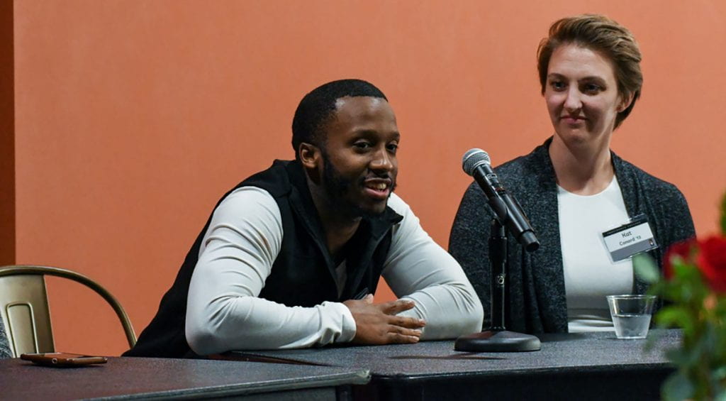 Nicholas Sailor '17 speaks during the "How We Do Intersectionality" panel as panelist Kat Conard '13 listens.