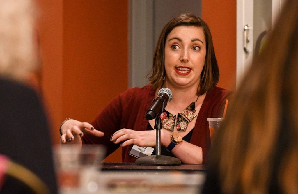 Caitlin Kelly '17 makes a point during the panel "Feminisms after Graduation."
