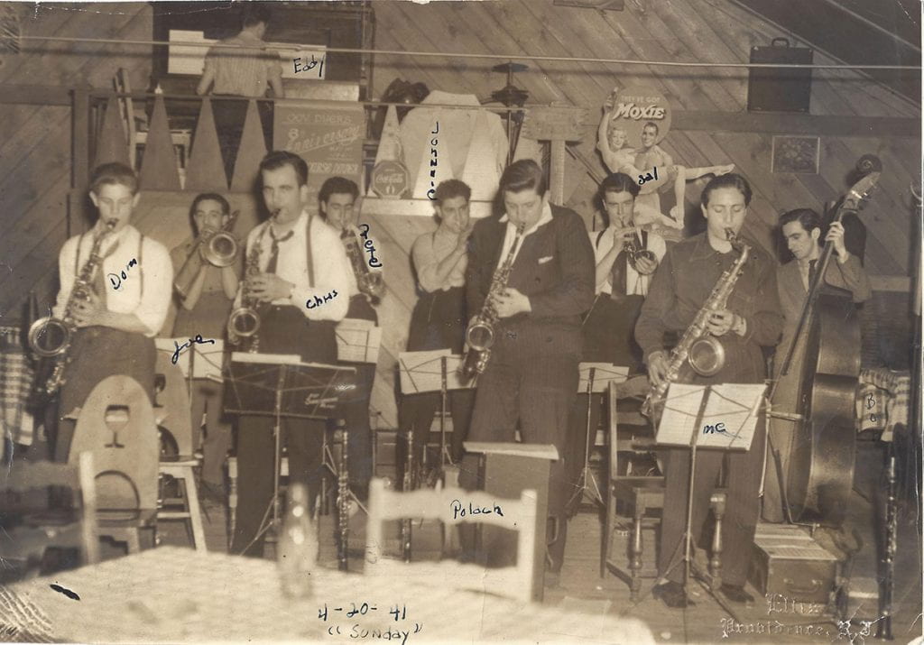 Box, at far right in the front, plays jazz saxophone with his band in 1941.