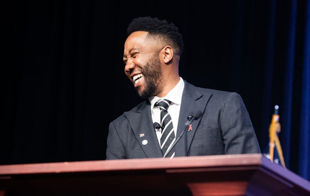 Ndaba Mandela laughs during the MLK Convocation at Providence College.