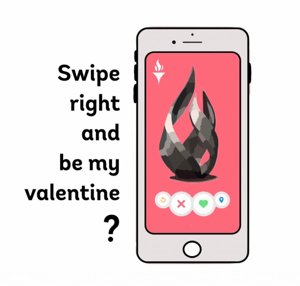 Swipe right and be my valentine? valentine with an image of the Calabria Plaza on a phone