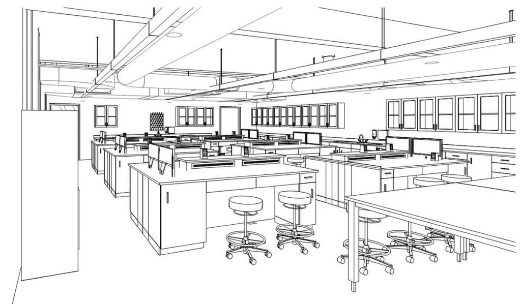 A 3-D view of the planned Fred M. Roddy Anatomy and Physiology Lab. (Drawing courtesy of The S/L/A/M Collaborative.)