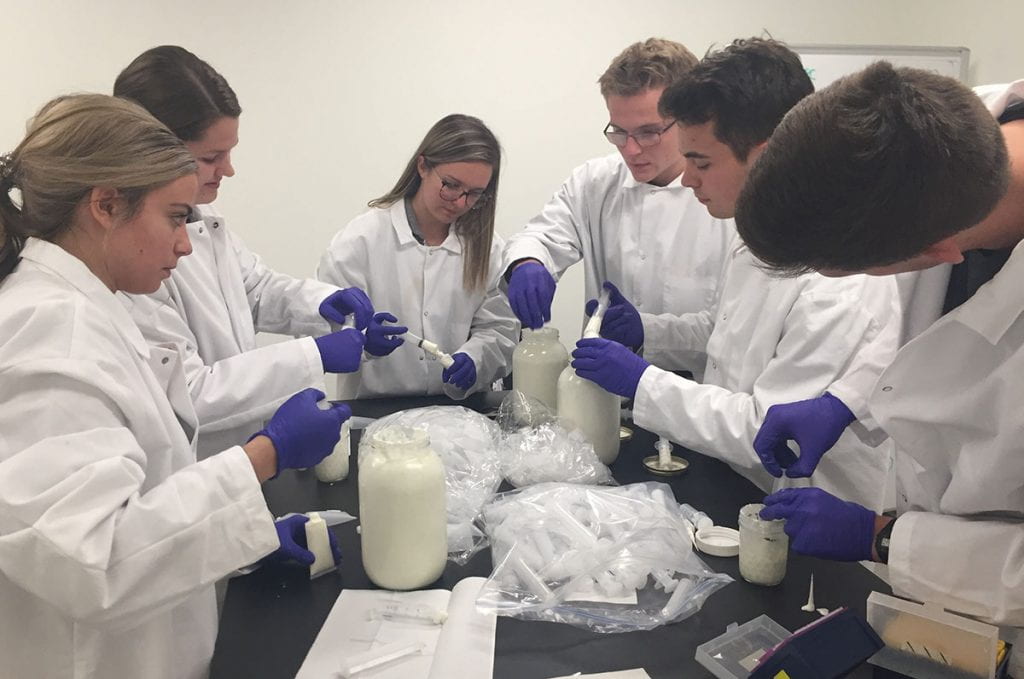 Student workers fill tubes with For Good hand cream, made from the root of the costus plant, which has anti-aging properties.