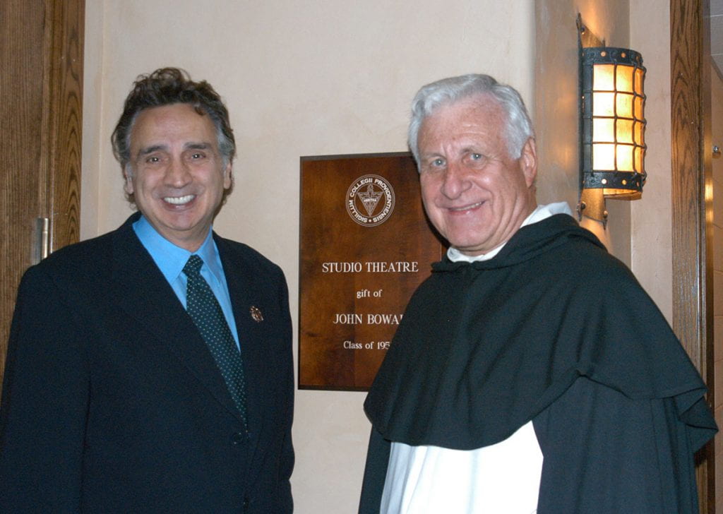 John Bowab ’55 & ’89Hon. stands outside the studio theatre named for him with then College President Rev. Philip A. Smith, O.P. ’63. The occasion was the dedication of the Smith Center for the Arts, named for Father Smith, on Oct. 29, 2004.