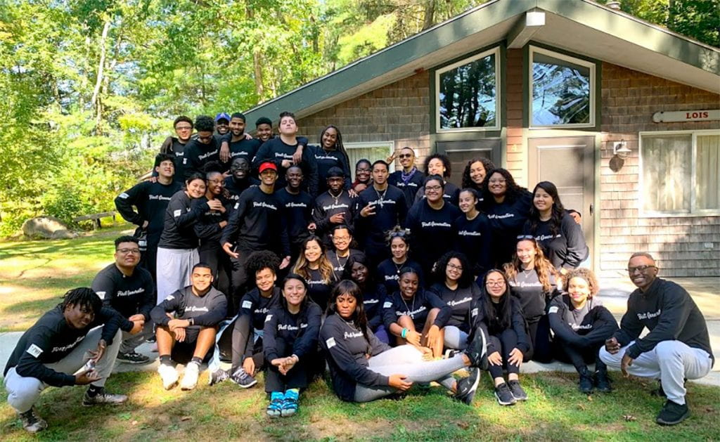 Katherine, sitting at front row left, is joined by other student mentors and mentees during a retreat for the Peer Mentoring Program in fall 2019. She was a peer mentor the last two years.